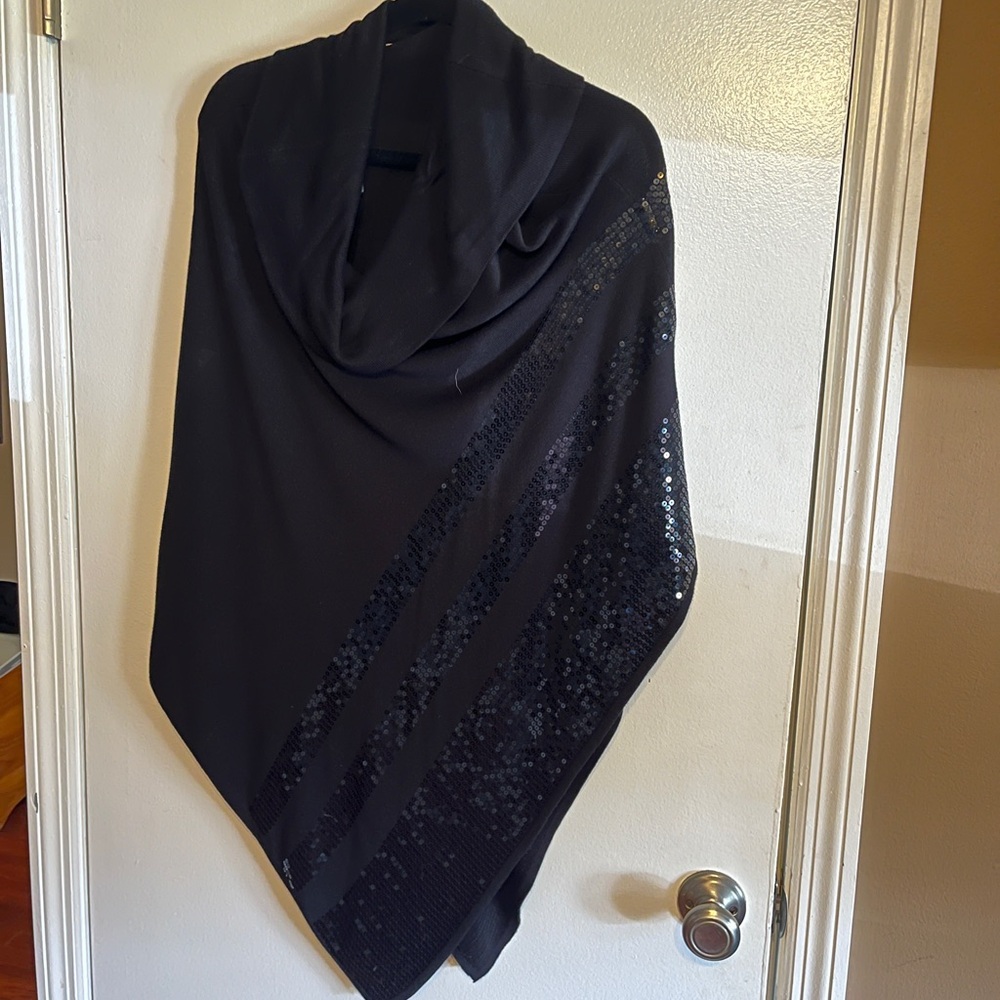 Allison Daley Black Sweater Poncho with sequin pattern on one side, Medium